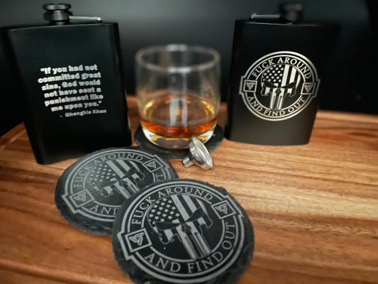 Just Wright Tactical F.A.F.O. Flask and Coaster Set - Genghis Khan Punishment Quote | Just Wright Tactical - 1 - Just Wright Tactical
